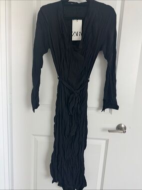 ZARA Black Long Sleeve Crinkled Wrap Dress with Tie Detail